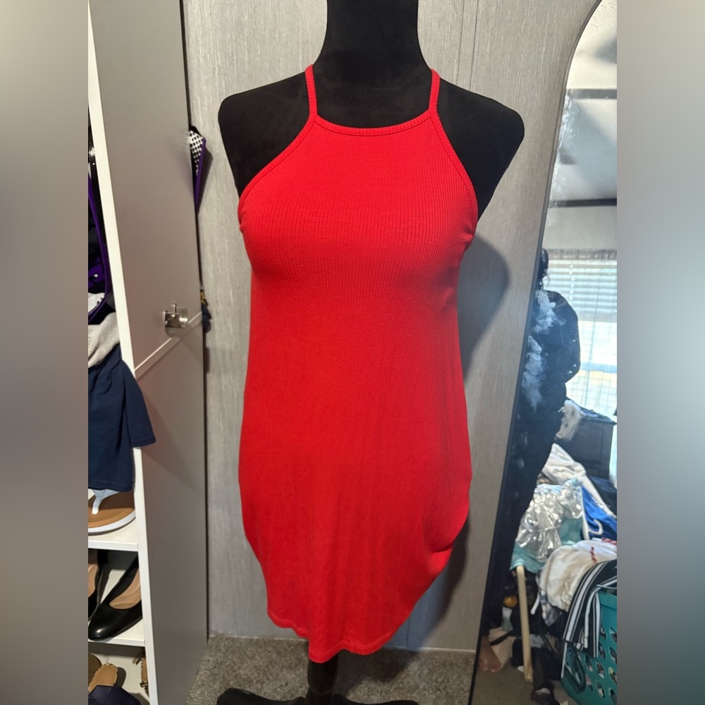Red Ribbed Halter Dress